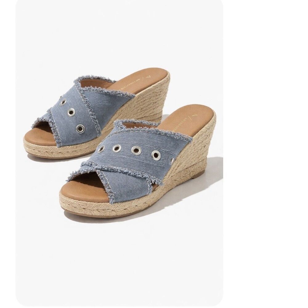 Anthropologie Frayed Denim Blue Grommet Espadrille Wedge Sandals EU 37 US 7